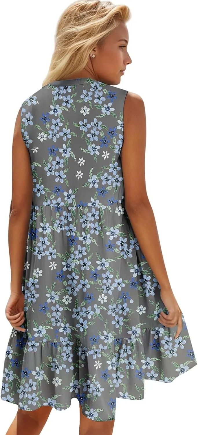 Summer Dresses for Women 2025 Sleeveless V Neck Mini Dress Flowy Boho Floral Ruffle A Line Swing Beach Sundress