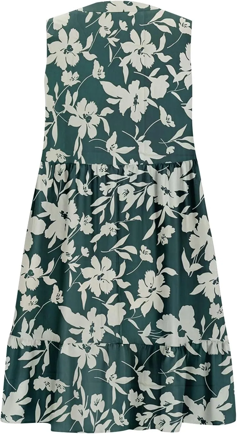 Summer Dresses for Women 2025 Sleeveless V Neck Mini Dress Flowy Boho Floral Ruffle A Line Swing Beach Sundress