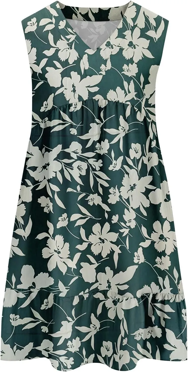 Summer Dresses for Women 2025 Sleeveless V Neck Mini Dress Flowy Boho Floral Ruffle A Line Swing Beach Sundress