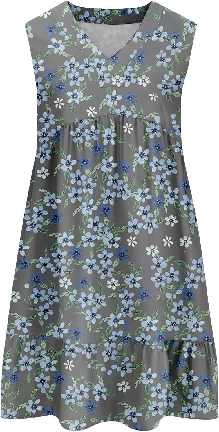 Summer Dresses for Women 2025 Sleeveless V Neck Mini Dress Flowy Boho Floral Ruffle A Line Swing Beach Sundress