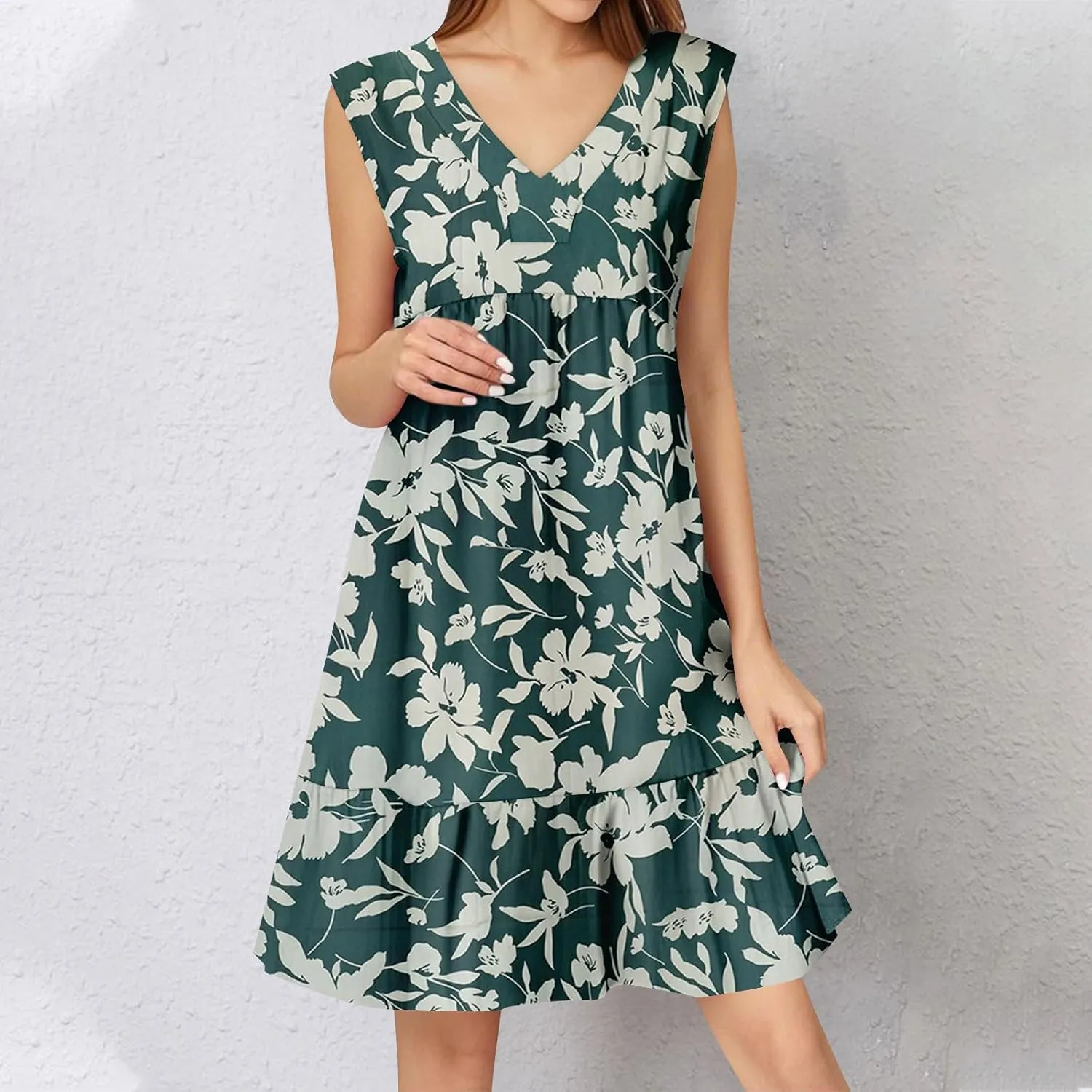 Summer Dresses for Women 2025 Sleeveless V Neck Mini Dress Flowy Boho Floral Ruffle A Line Swing Beach Sundress
