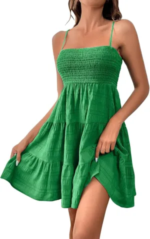 Summer Dresses for Women 2025 Square Neck Spaghetti Strap Dress Casual Sleeveless Smocked A Line Tiered Beach Sundresses