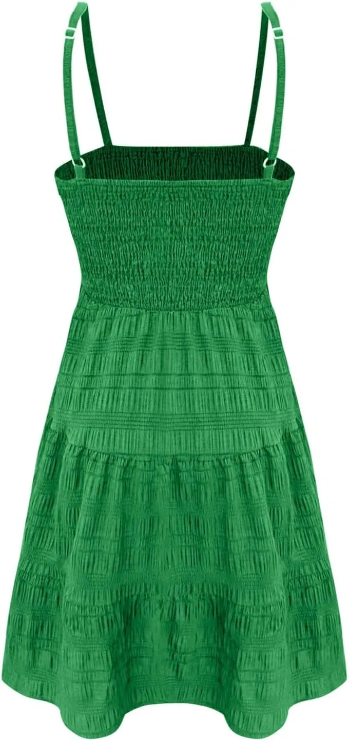 Summer Dresses for Women 2025 Square Neck Spaghetti Strap Dress Casual Sleeveless Smocked A Line Tiered Beach Sundresses