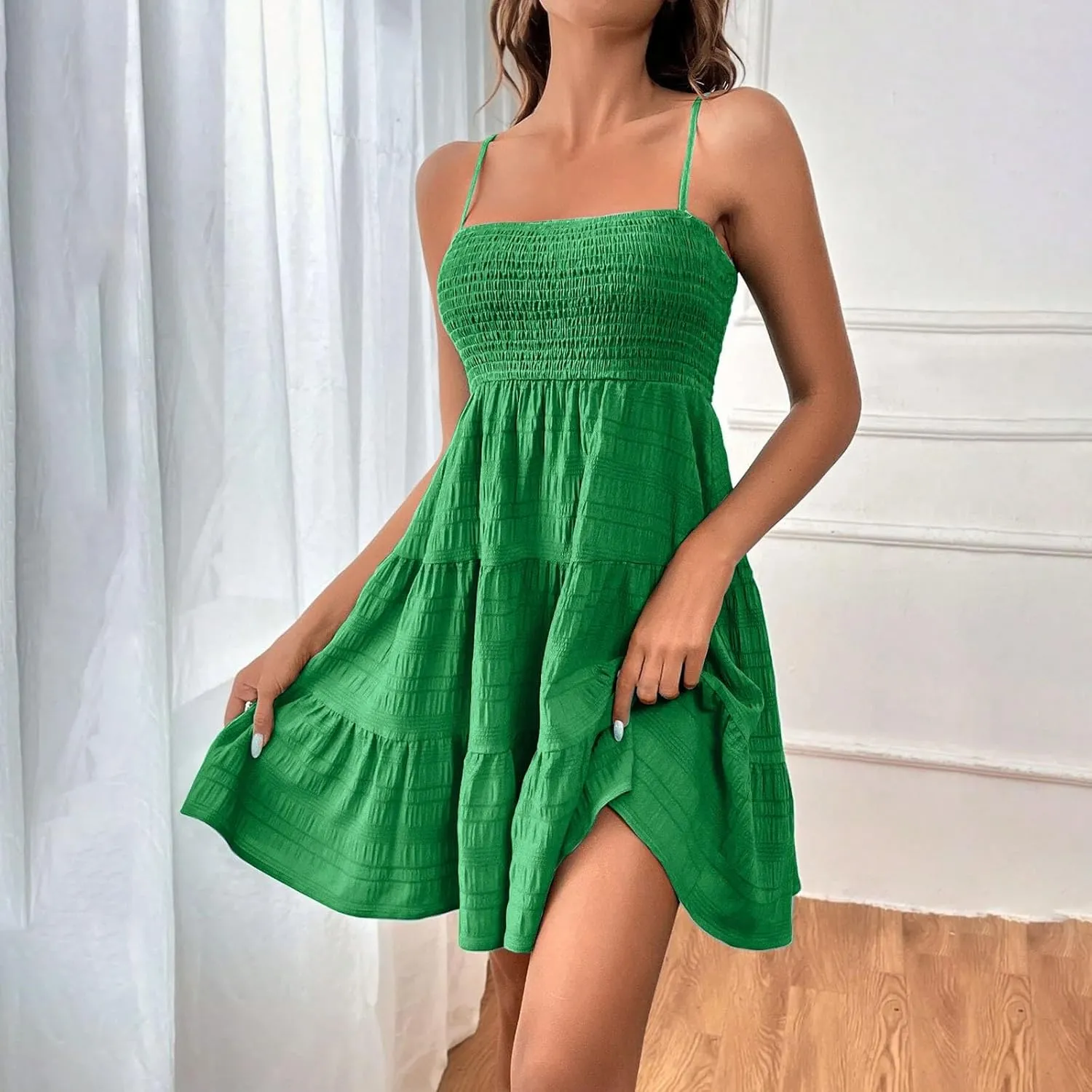 Summer Dresses for Women 2025 Square Neck Spaghetti Strap Dress Casual Sleeveless Smocked A Line Tiered Beach Sundresses