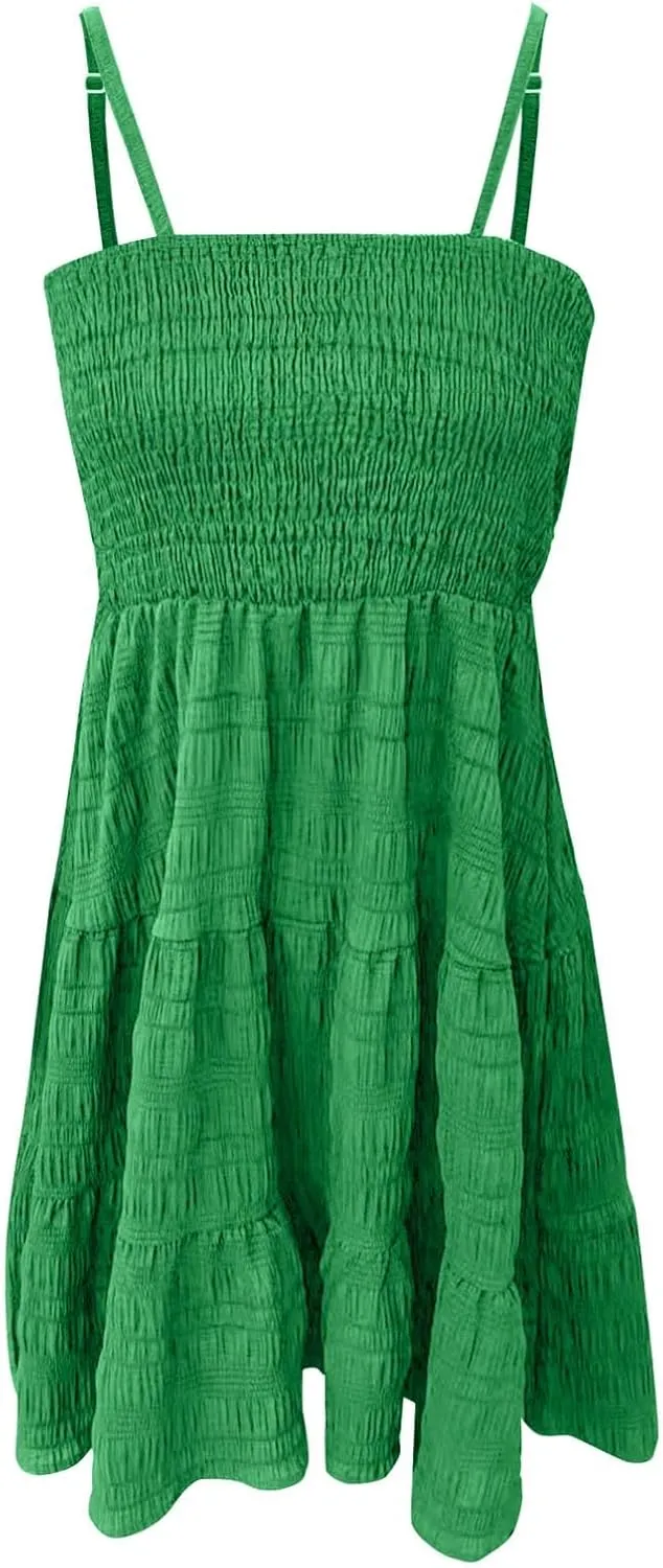 Summer Dresses for Women 2025 Square Neck Spaghetti Strap Dress Casual Sleeveless Smocked A Line Tiered Beach Sundresses