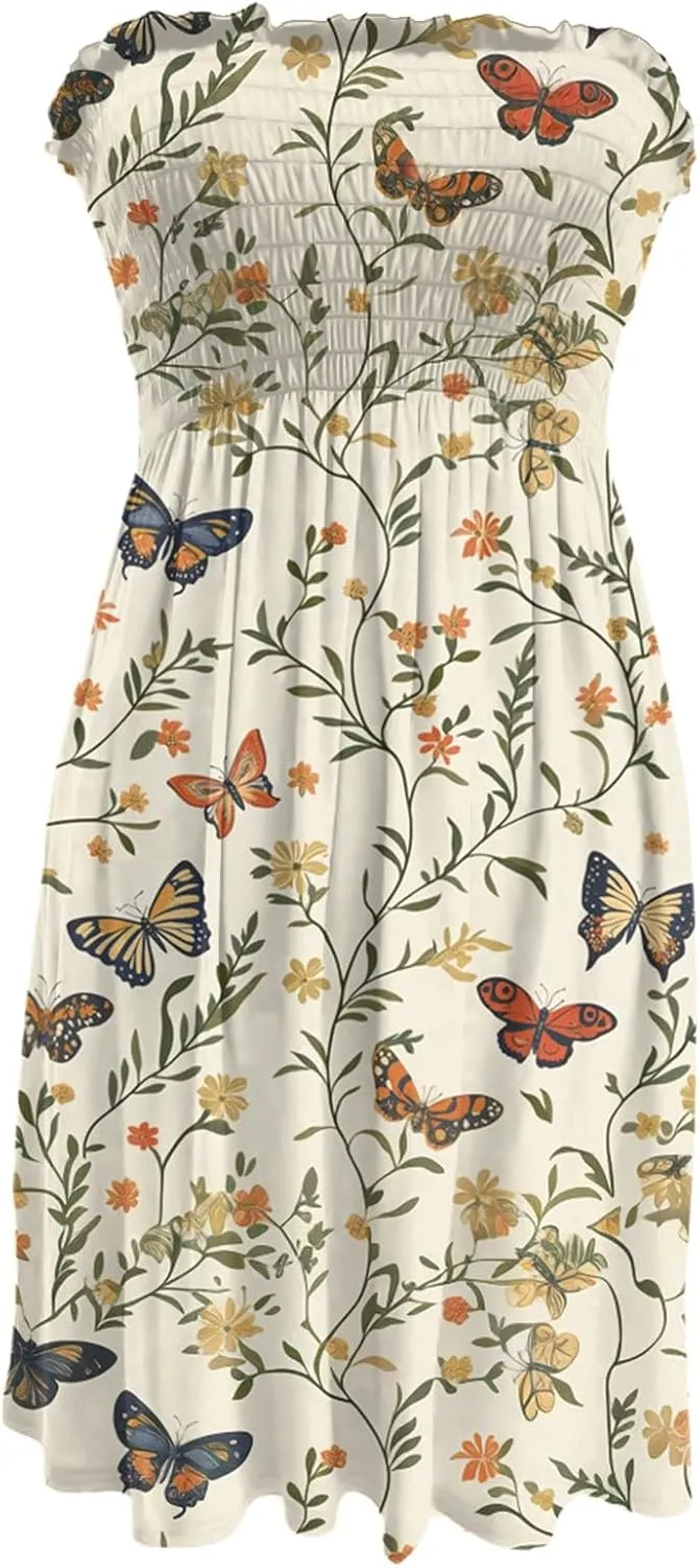 Summer Dresses for Women 2025 Strapless Floral Tube Dress Off shouldes Mini Boho Sundress Smocked Ruffle Sun Dress