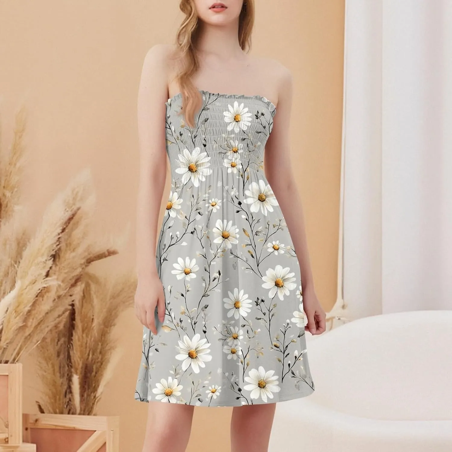 Summer Dresses for Women 2025 Strapless Floral Tube Dress Off shouldes Mini Boho Sundress Smocked Ruffle Sun Dress