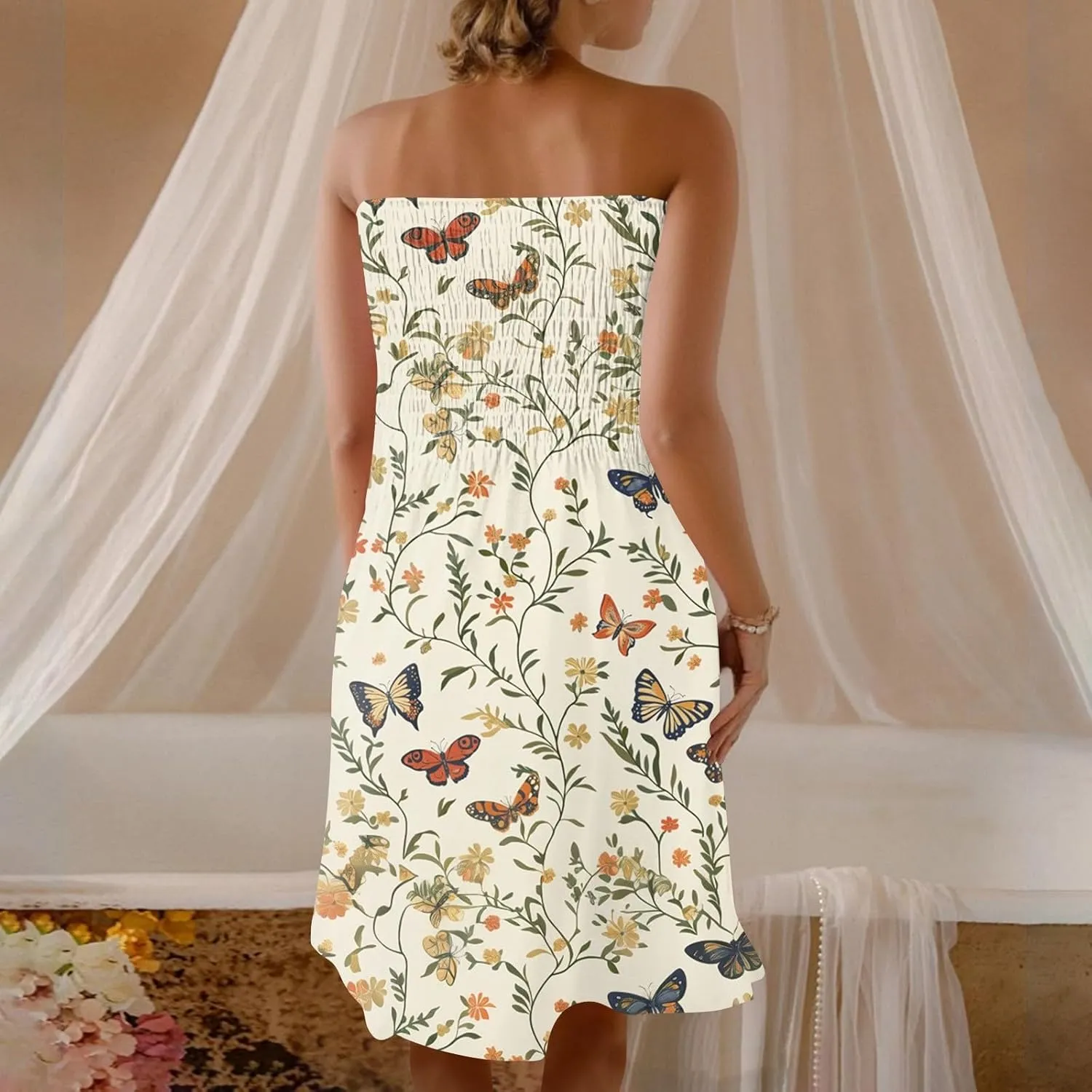 Summer Dresses for Women 2025 Strapless Floral Tube Dress Off shouldes Mini Boho Sundress Smocked Ruffle Sun Dress