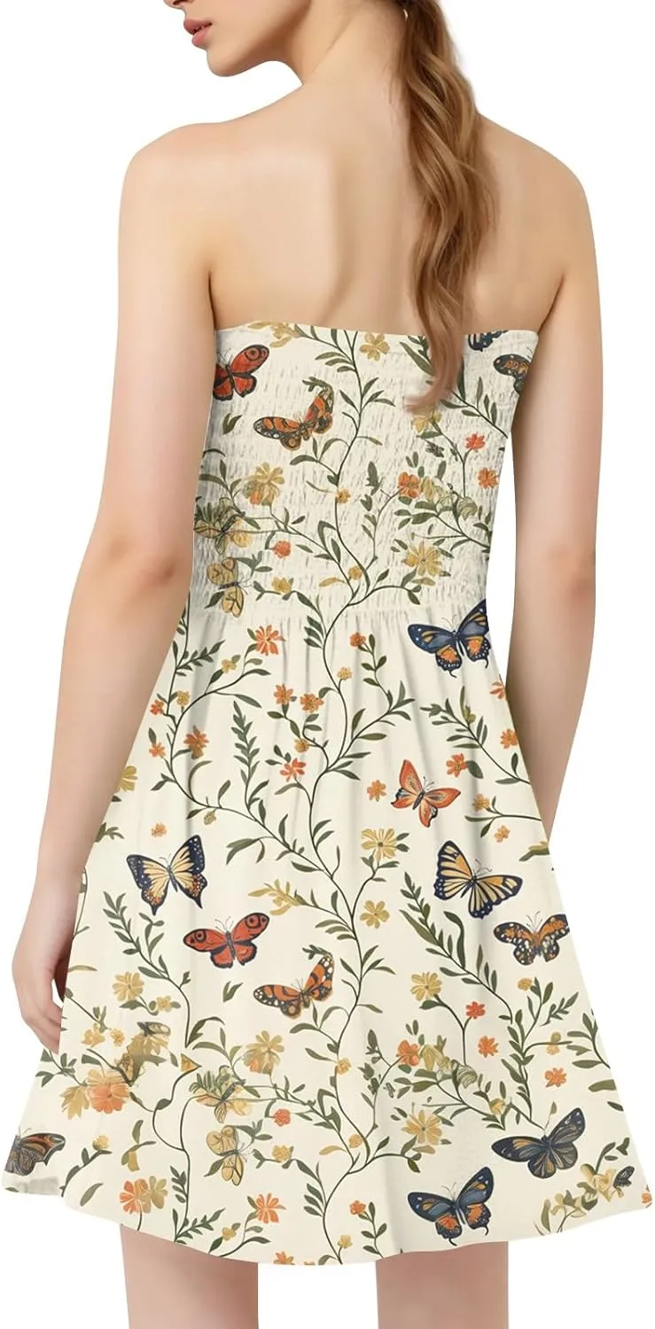 Summer Dresses for Women 2025 Strapless Floral Tube Dress Off shouldes Mini Boho Sundress Smocked Ruffle Sun Dress