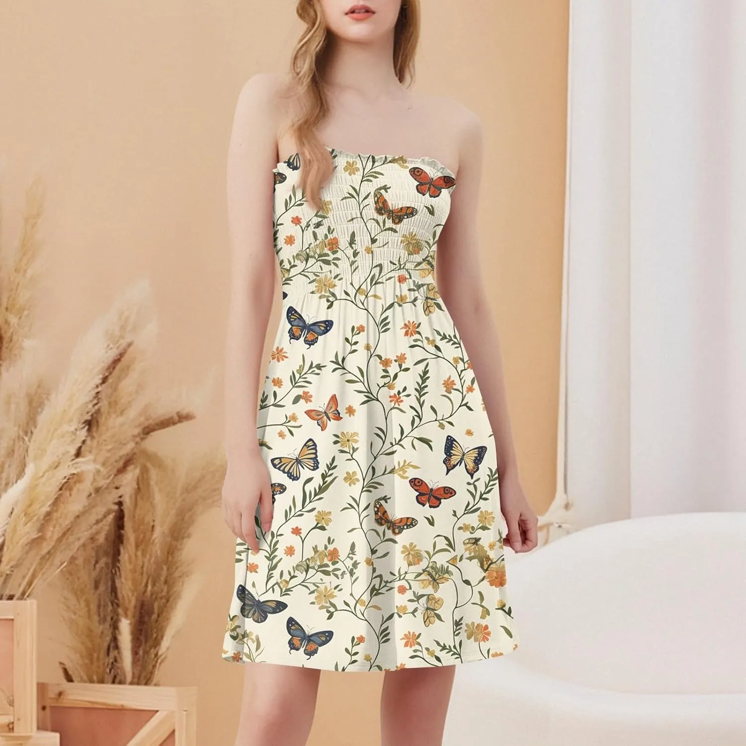 Summer Dresses for Women 2025 Strapless Floral Tube Dress Off shouldes Mini Boho Sundress Smocked Ruffle Sun Dress