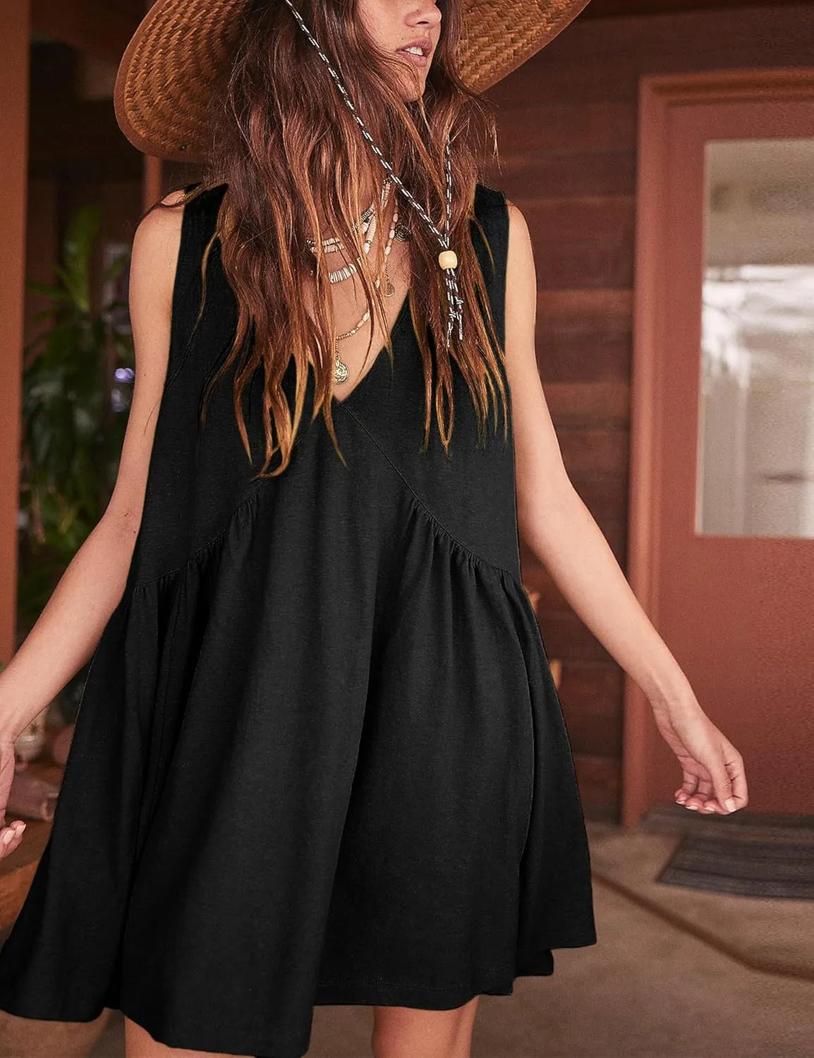 Summer Sleeveless Mini Short Cute Dresses V Neck Casual Loose Beach Sundress with Pockets