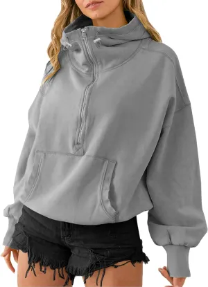 TBA High Neck Hoodies for Women Oversized Half Zip Drawstring Y2K Pullover Sweater Casual Long Sleeve Sweatshirt with Pockets Light Grey