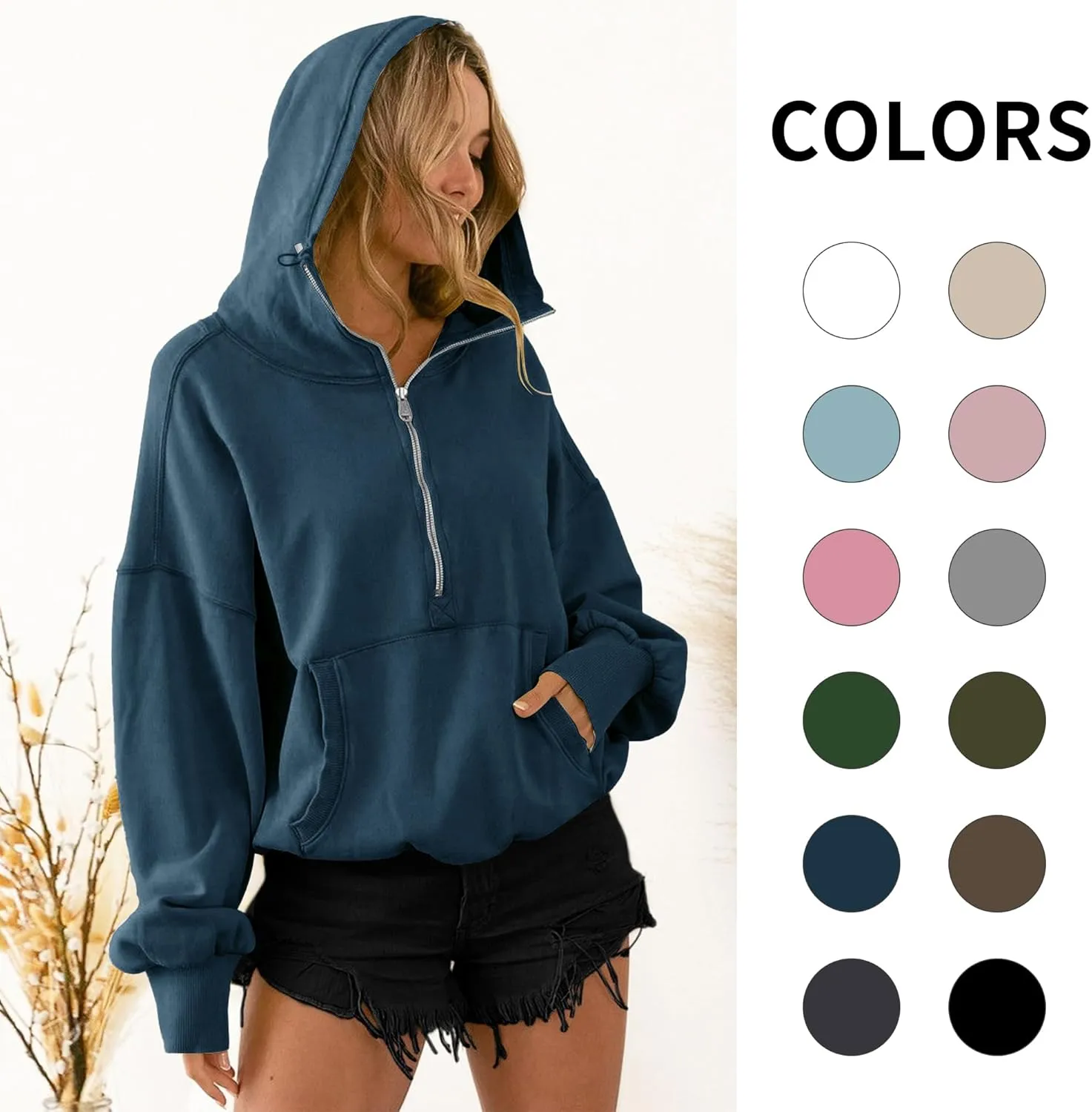 TBA High Neck Hoodies for Women Oversized Half Zip Drawstring Y2K Pullover Sweater Casual Long Sleeve Sweatshirt with Pockets