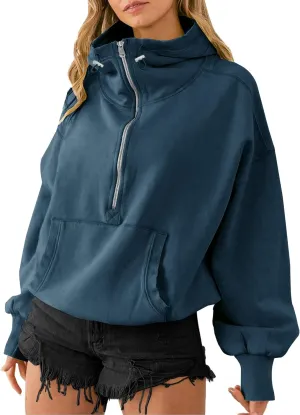 TBA High Neck Hoodies for Women Oversized Half Zip Drawstring Y2K Pullover Sweater Casual Long Sleeve Sweatshirt with Pockets