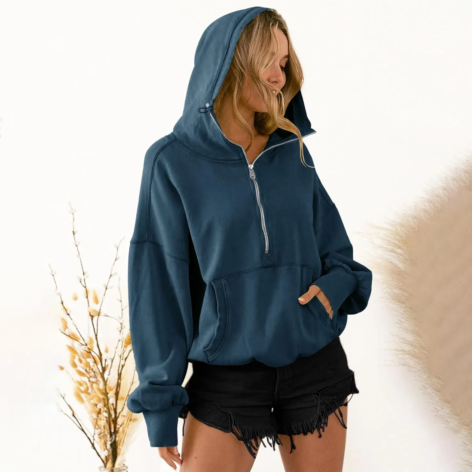 TBA High Neck Hoodies for Women Oversized Half Zip Drawstring Y2K Pullover Sweater Casual Long Sleeve Sweatshirt with Pockets
