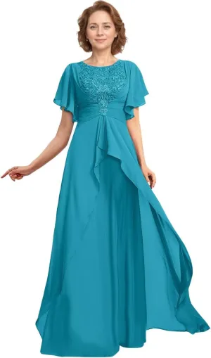 Tea Length Mother of The Bride Dresses for Wedding 2024 V Neck Lace Appliques Mother of The Groom Dresses with Ruffle Sleeves