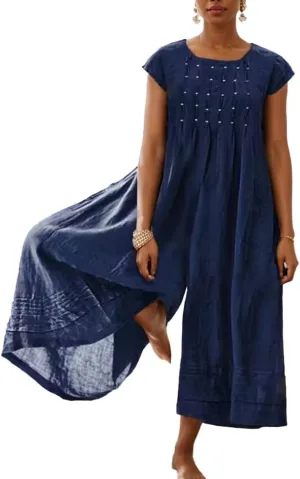TIAFORD Womens Cotton Linen Jumpsuit Crewneck Casual Loose Short Sleeve Overall Pleated Wide Leg Long Pant Rompers