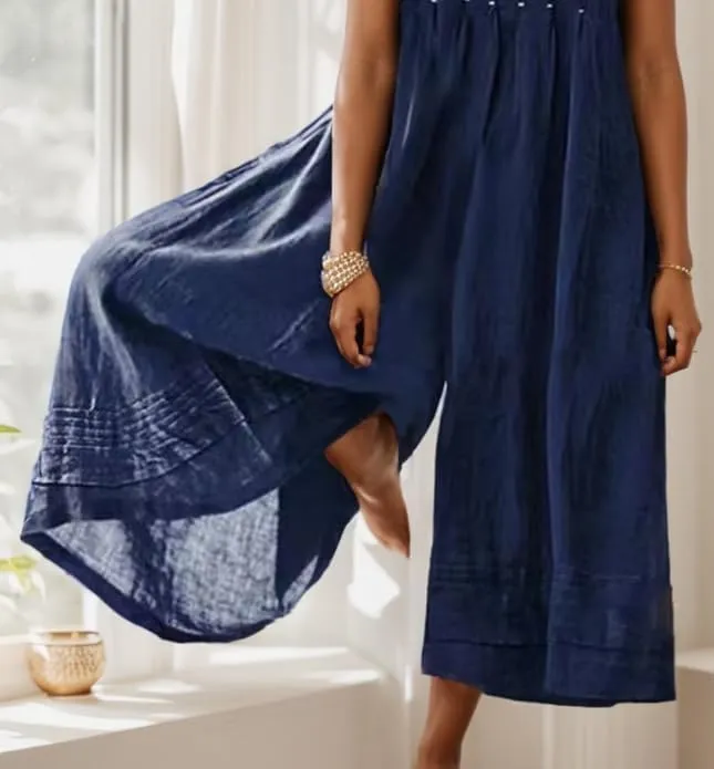 TIAFORD Womens Cotton Linen Jumpsuit Crewneck Casual Loose Short Sleeve Overall Pleated Wide Leg Long Pant Rompers