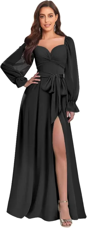 TORYEMY Chiffon Long Sleeve Bridesmaid Dresses for Wedding V Neck Long Formal Evening Gown with Slit
