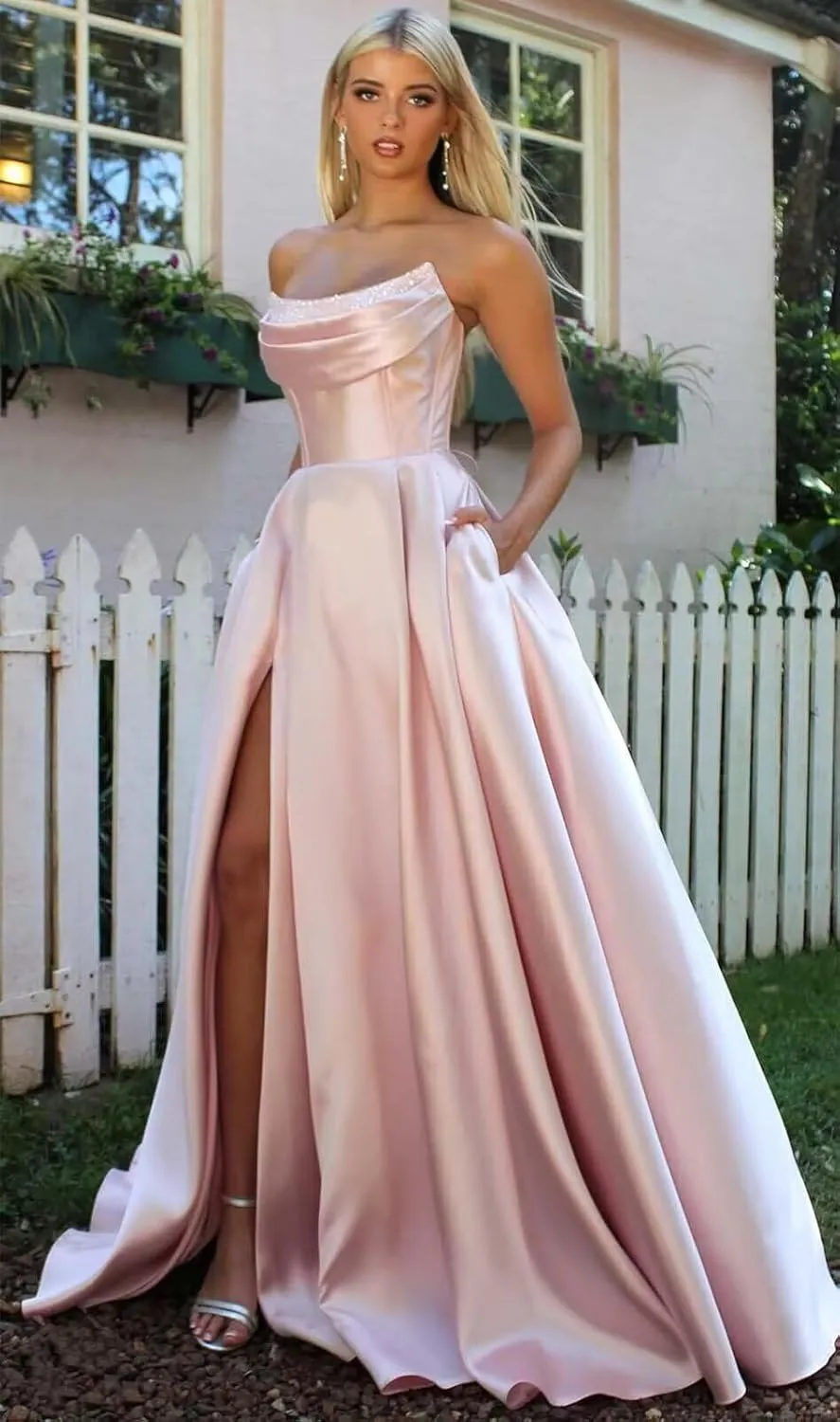 TORYEMY Strapless Satin Prom Dresses for Women 2025 with Pockets Long A Line Corset Formal Evening Ball Gown with Slit