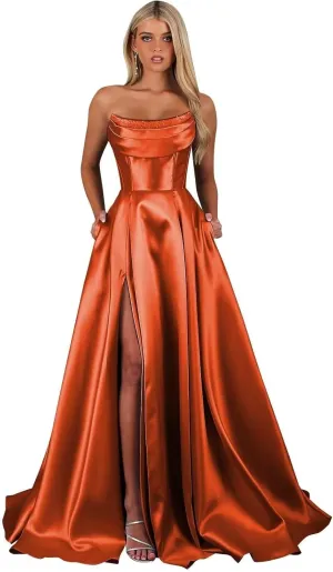 TORYEMY Strapless Satin Prom Dresses for Women 2025 with Pockets Long A Line Corset Formal Evening Ball Gown with Slit