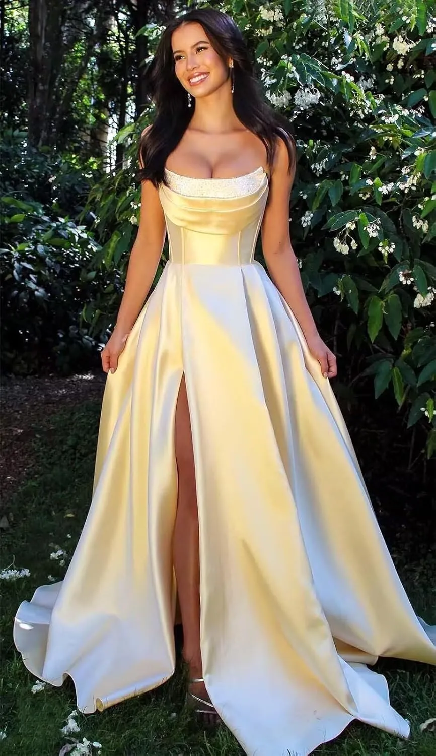TORYEMY Strapless Satin Prom Dresses for Women 2025 with Pockets Long A Line Corset Formal Evening Ball Gown with Slit