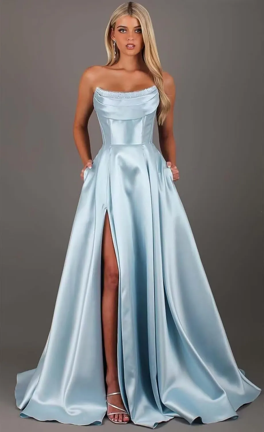 TORYEMY Strapless Satin Prom Dresses for Women 2025 with Pockets Long A Line Corset Formal Evening Ball Gown with Slit