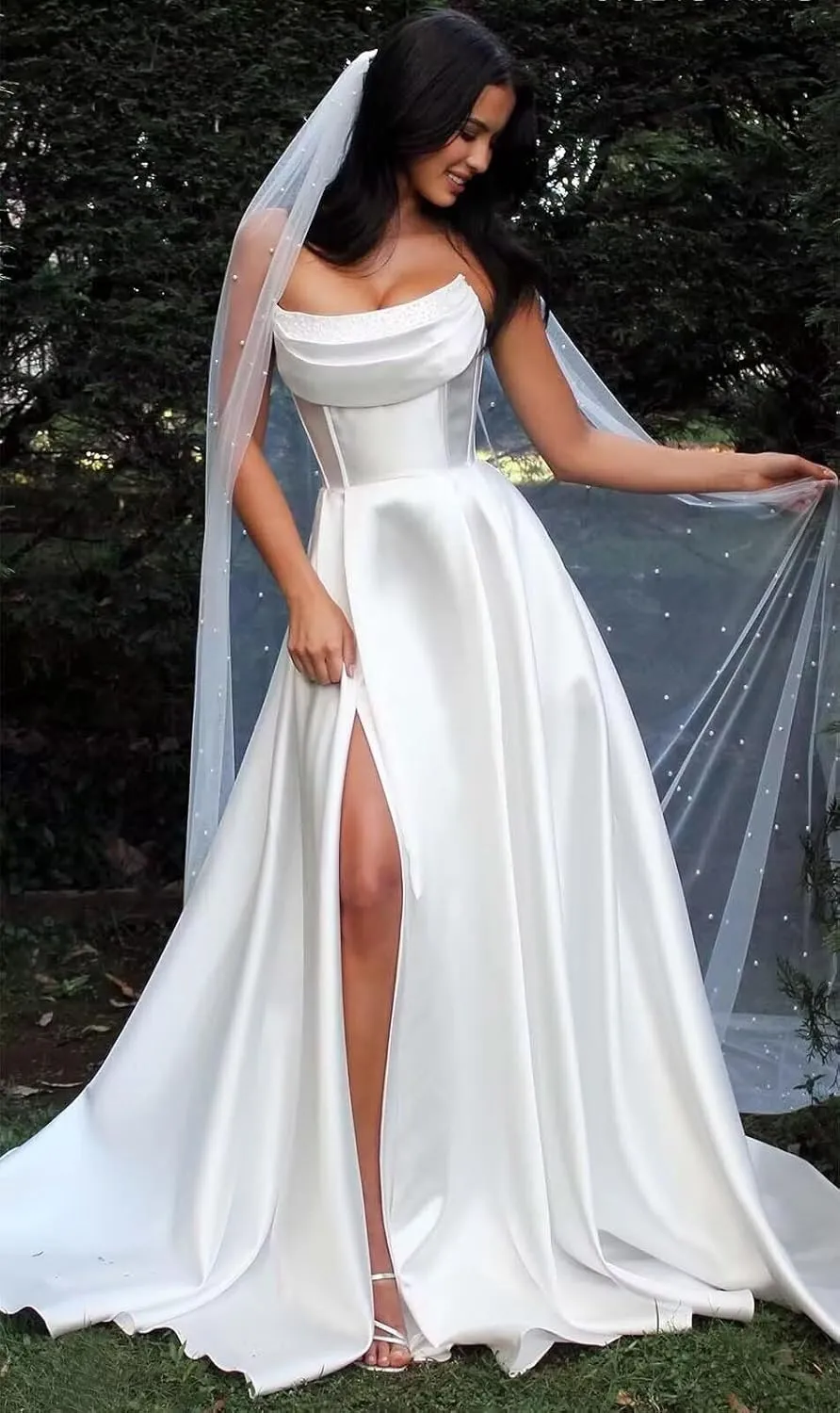 TORYEMY Strapless Satin Prom Dresses for Women 2025 with Pockets Long A Line Corset Formal Evening Ball Gown with Slit