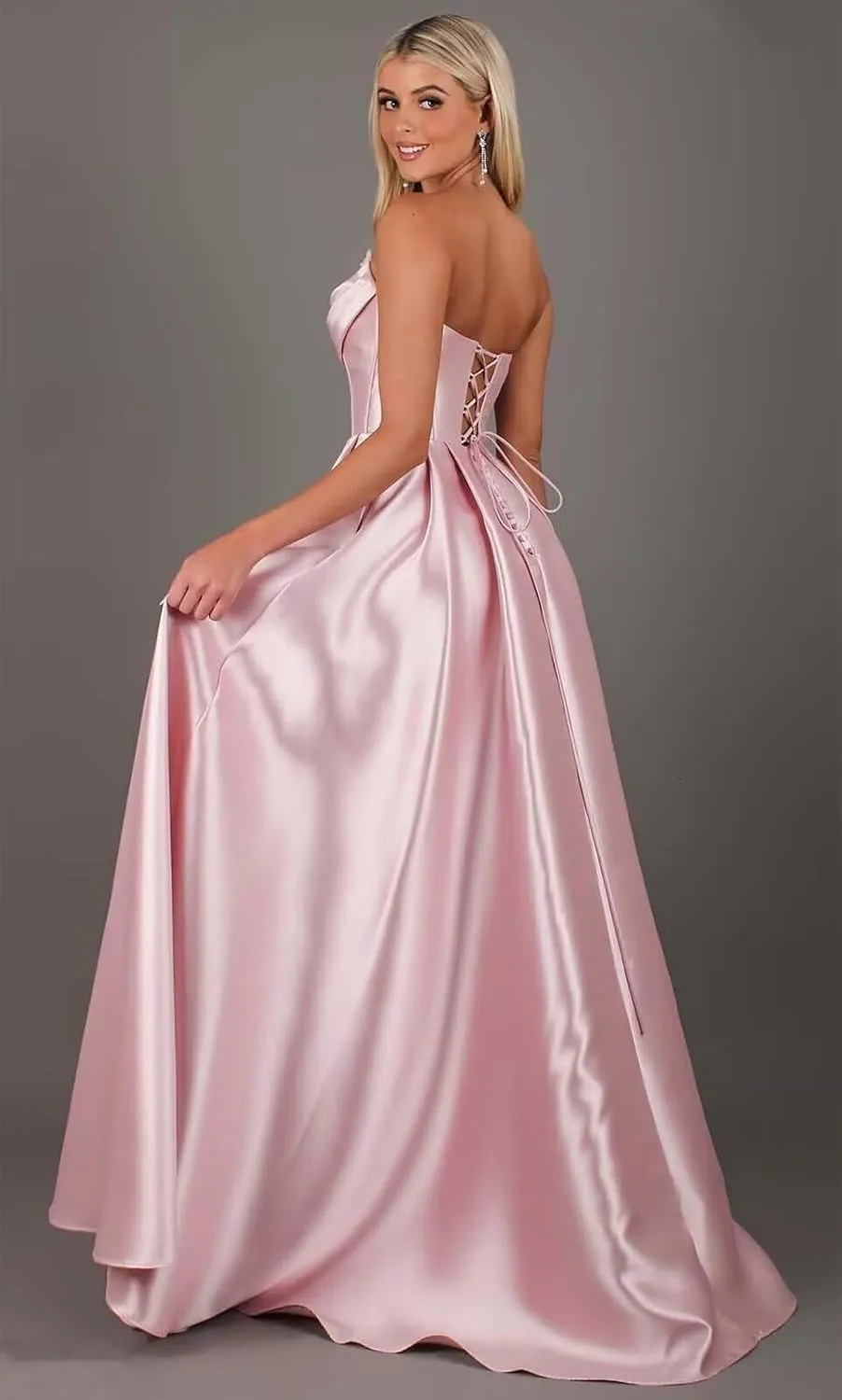TORYEMY Strapless Satin Prom Dresses for Women 2025 with Pockets Long A Line Corset Formal Evening Ball Gown with Slit