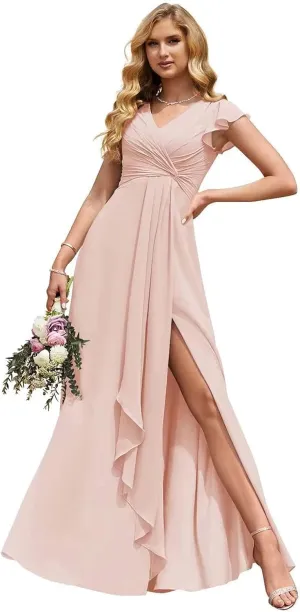 Tsbridal V-Neck Pleated Bridesmaid Dresses Chiffon Long 2023 A-Line Short Sleeve Wedding Party Gown