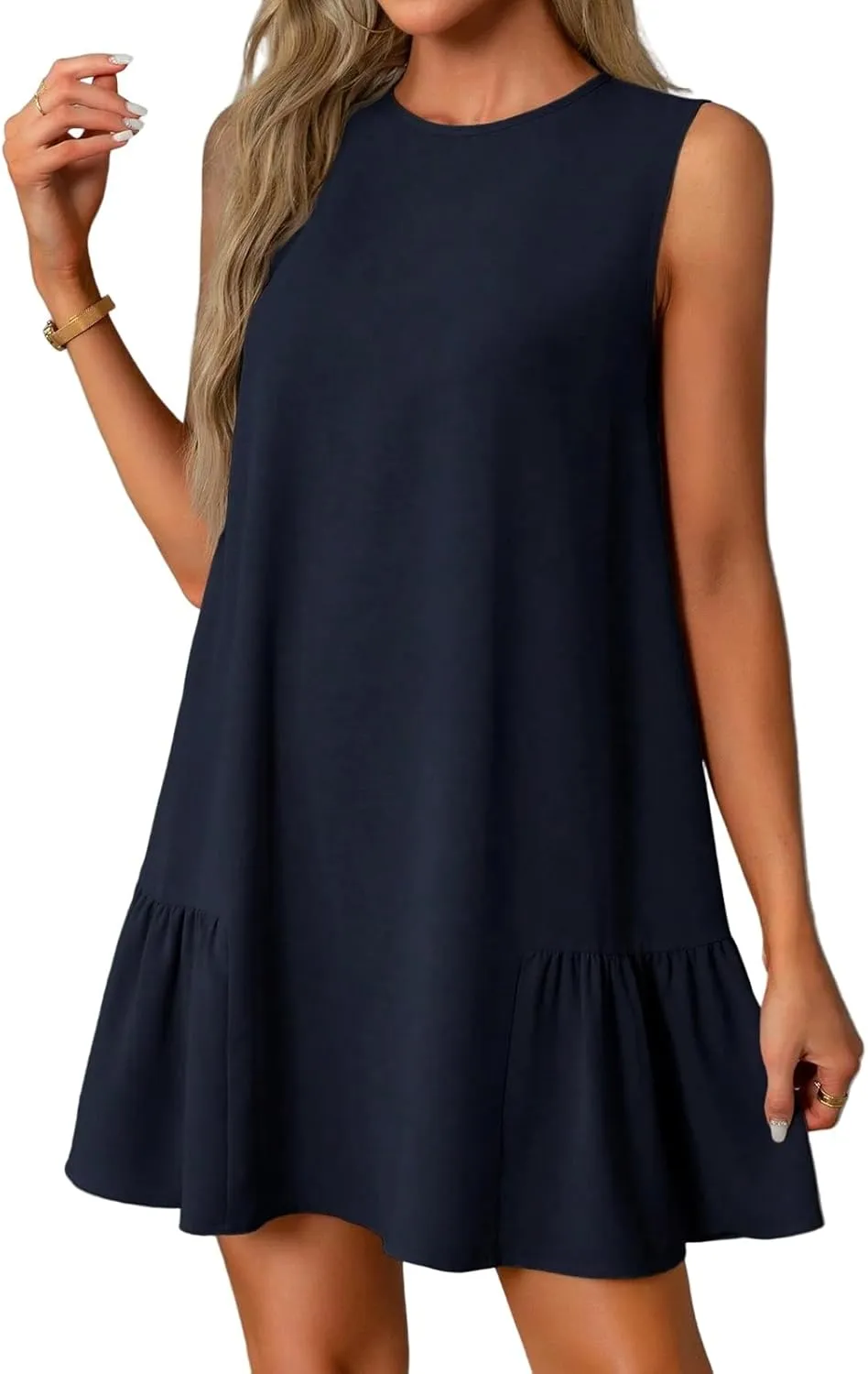 Tshirt Dress Women Summer Sleeveless Ruffle Hem Mini Dress Casual Crewneck T Shirt Dresses Cute Plain Sundresses 2025