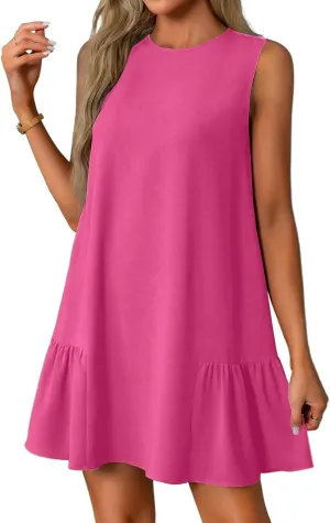 Tshirt Dress Women Summer Sleeveless Ruffle Hem Mini Dress Casual Crewneck T Shirt Dresses Cute Plain Sundresses 2025