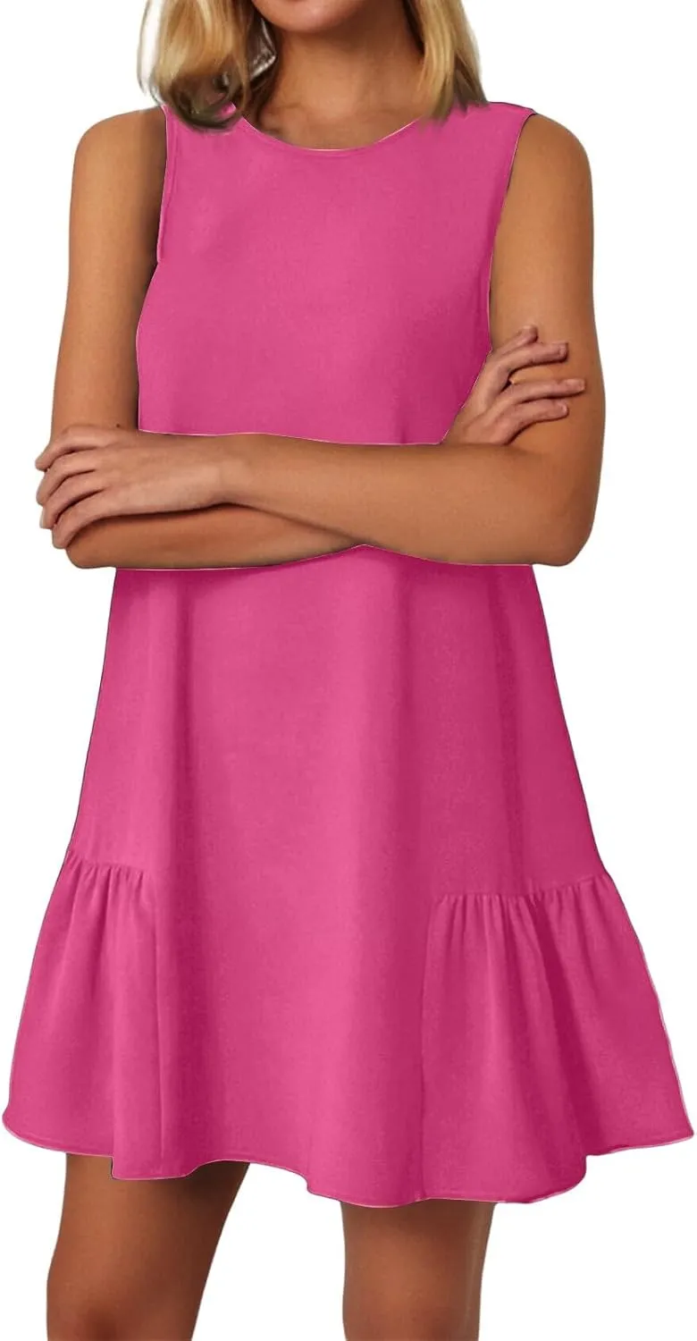 Tshirt Dress Women Summer Sleeveless Ruffle Hem Mini Dress Casual Crewneck T Shirt Dresses Cute Plain Sundresses 2025