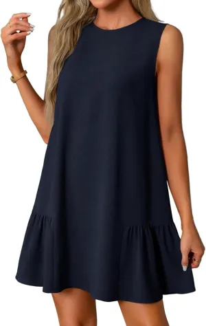Tshirt Dress Women Summer Sleeveless Ruffle Hem Mini Dress Casual Crewneck T Shirt Dresses Cute Plain Sundresses 2025