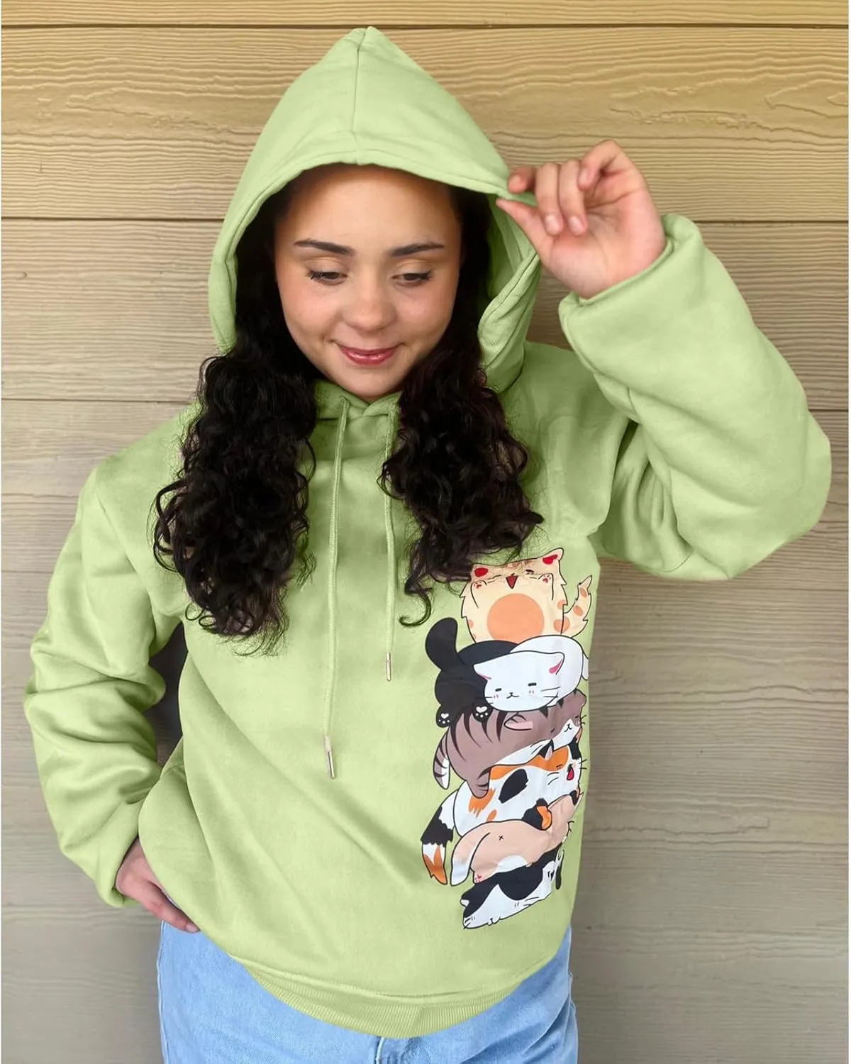 Tuislay Cute Cat Graphic Hoodies for Teen Girls Kawaii Cartoon Printed Hoodie Women Anime Print Hooded Sweatshirt Pullover