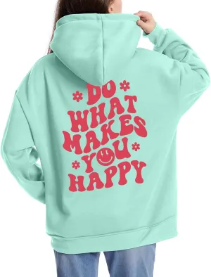 Tuislay Women Cute Graphic Oversized Hoodies Sweatshirts for Teen Girls Aesthetic Y2k Preppy Fleece Happy Hooded Pullover