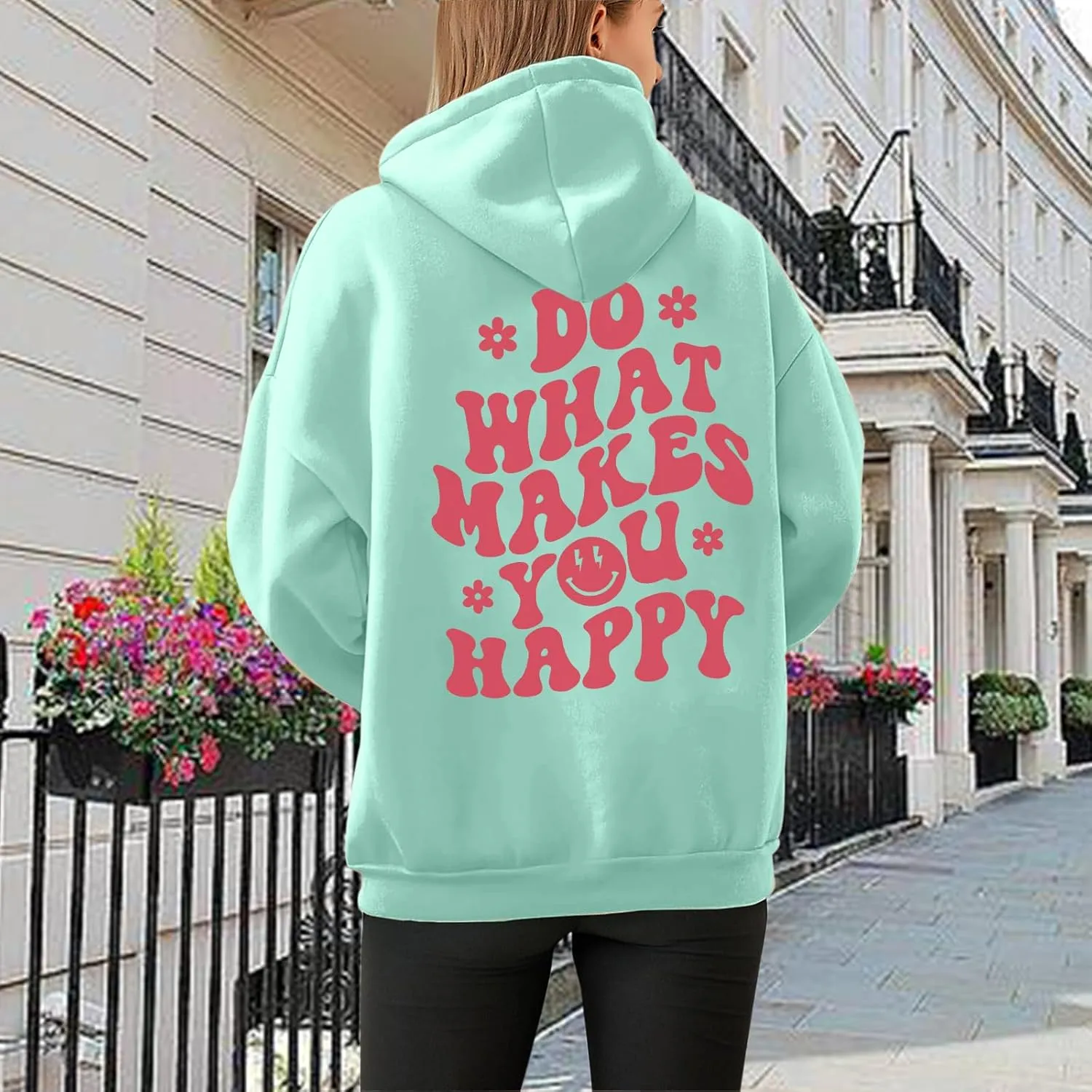 Tuislay Women Cute Graphic Oversized Hoodies Sweatshirts for Teen Girls Aesthetic Y2k Preppy Fleece Happy Hooded Pullover