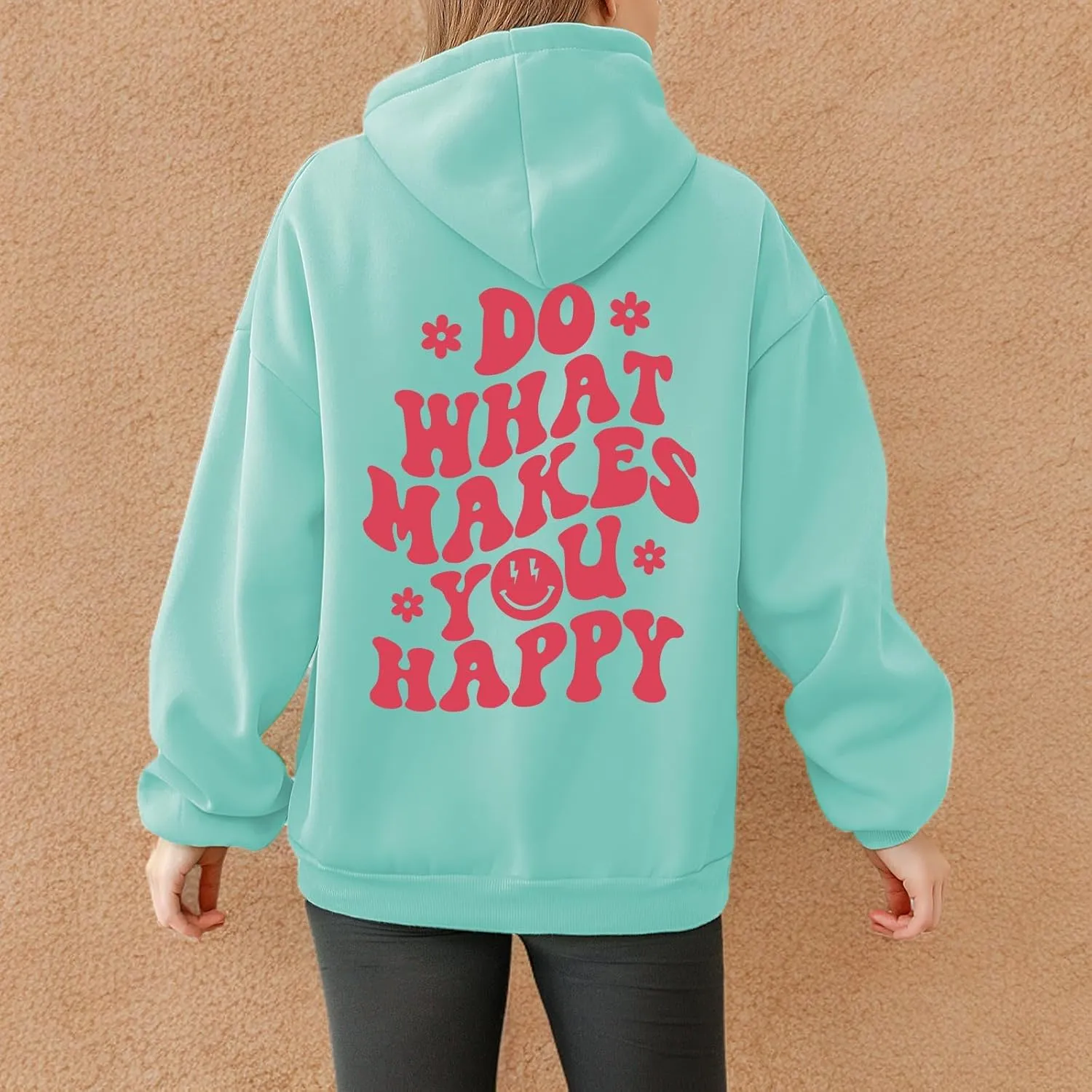 Tuislay Women Cute Graphic Oversized Hoodies Sweatshirts for Teen Girls Aesthetic Y2k Preppy Fleece Happy Hooded Pullover