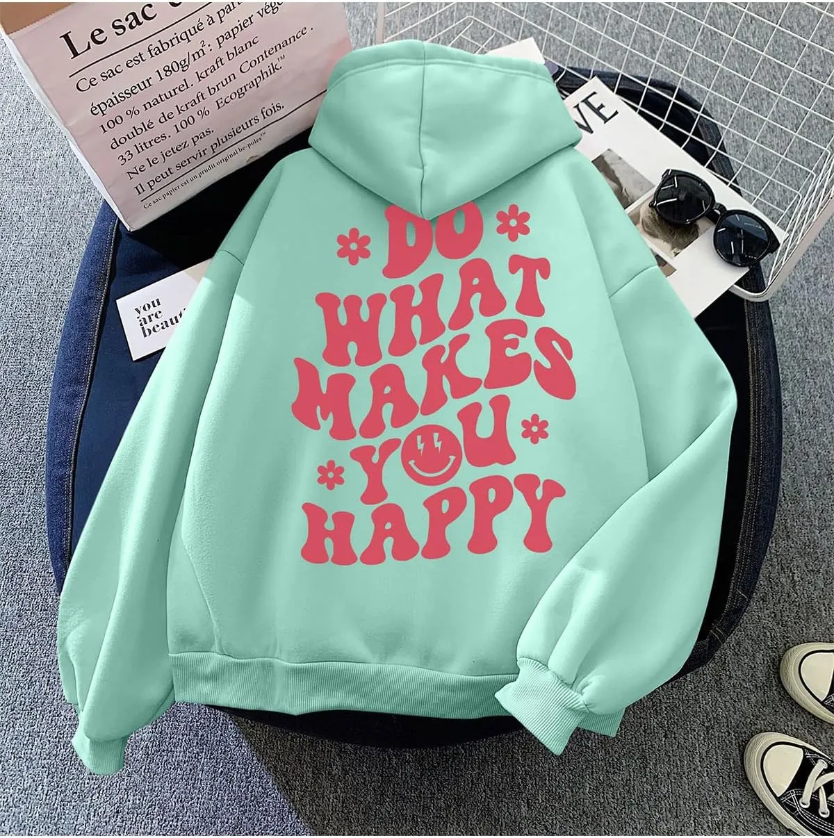 Tuislay Women Cute Graphic Oversized Hoodies Sweatshirts for Teen Girls Aesthetic Y2k Preppy Fleece Happy Hooded Pullover