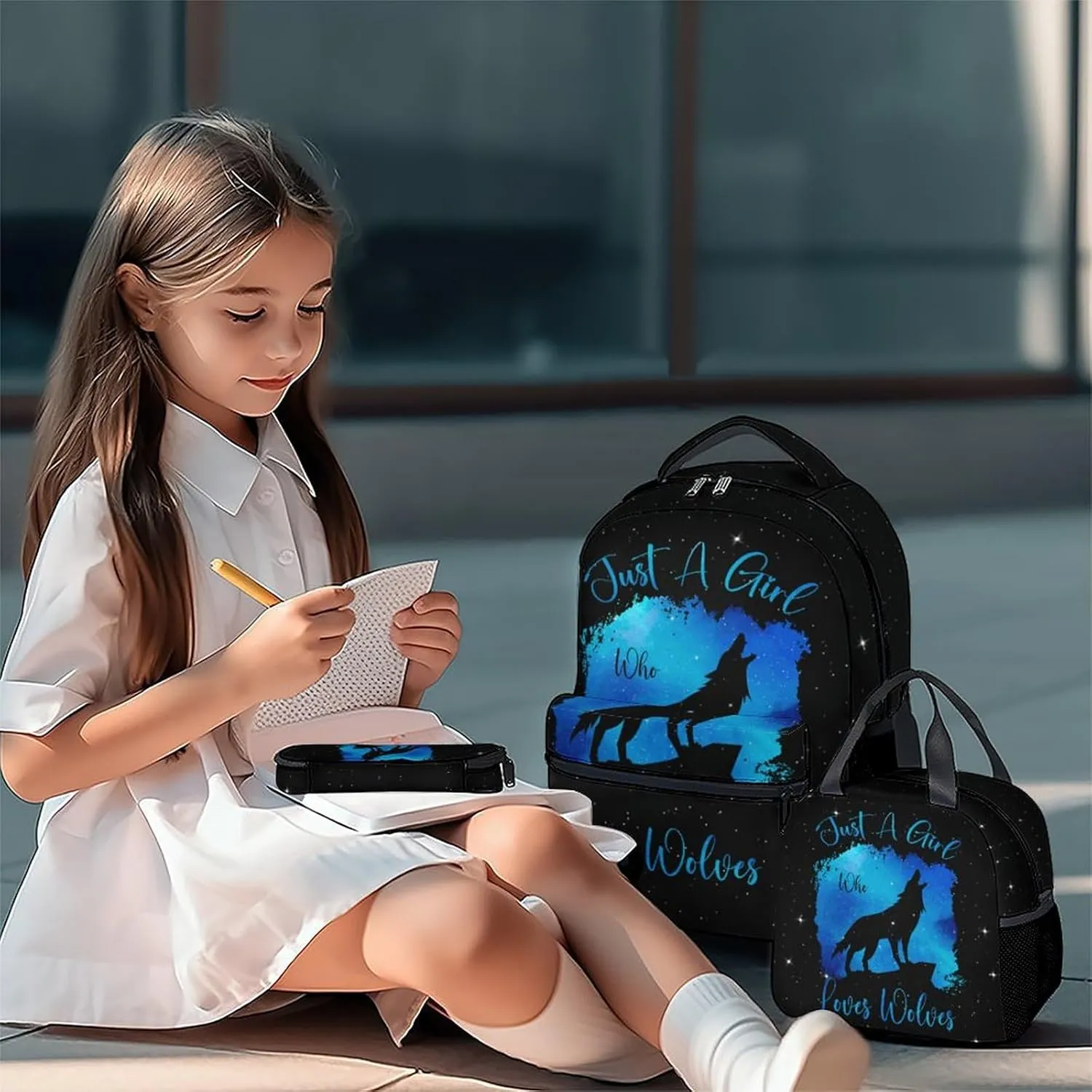 UNIKITTY 3PCS Backpack for Girls, Wolf Backpack with Adjustable Straps, Elementary School Backpack Large Capacity Durable, 17" Black Cute Bookbag with Lunch Box and Pencil Case