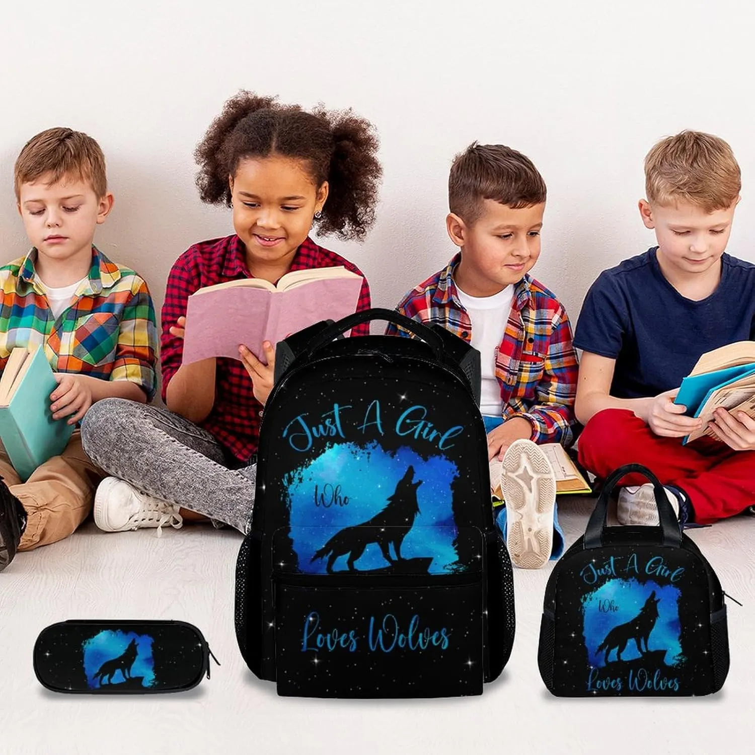 UNIKITTY 3PCS Backpack for Girls, Wolf Backpack with Adjustable Straps, Elementary School Backpack Large Capacity Durable, 17" Black Cute Bookbag with Lunch Box and Pencil Case