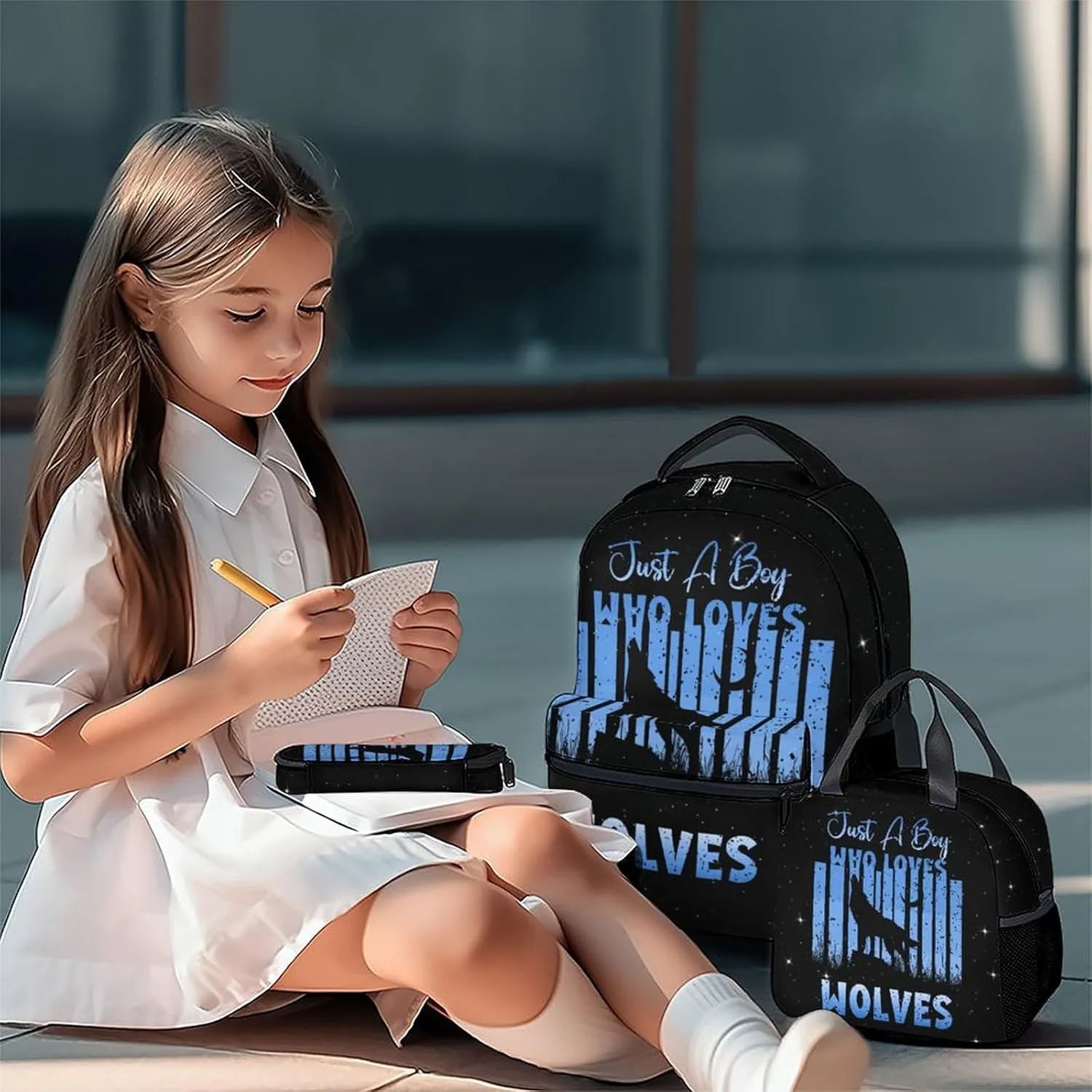 UNIKITTY Kids Backpack Set with Lunch Box, Wolf Backpack for Boys, Black Cool Large Capacity Bookbag with Adjustable Straps, 17" School Backpack for Kids Students Elementary