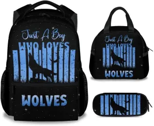 UNIKITTY Kids Backpack Set with Lunch Box, Wolf Backpack for Boys, Black Cool Large Capacity Bookbag with Adjustable Straps, 17" School Backpack for Kids Students Elementary