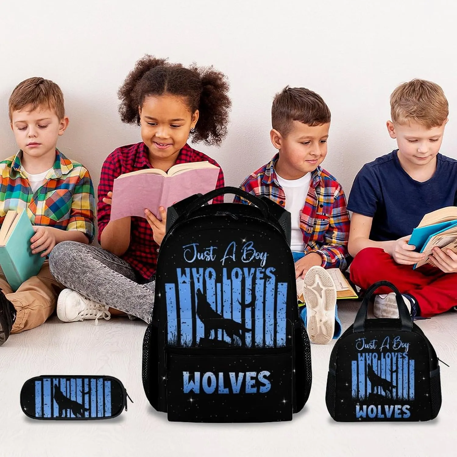 UNIKITTY Kids Backpack Set with Lunch Box, Wolf Backpack for Boys, Black Cool Large Capacity Bookbag with Adjustable Straps, 17" School Backpack for Kids Students Elementary