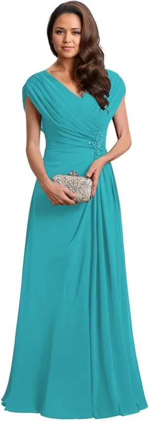 V Neck Mother of The Bride Dresses for Women Ruched Chiffon Prom Gown Beaded Short Sleeves Evening Party Gown Wedding