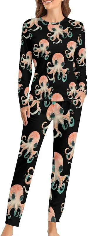 Vintage Octopuss Women's Pajama Set Long Sleeve T-shirts Top & Pant Comfort Sleepwear Loungewear