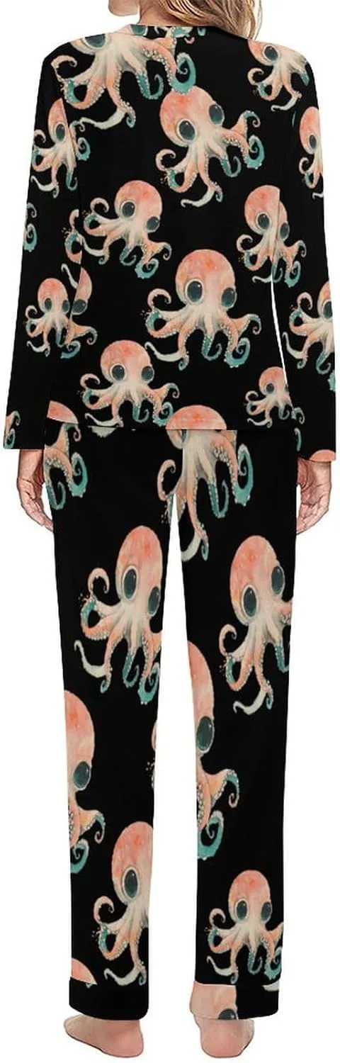 Vintage Octopuss Women's Pajama Set Long Sleeve T-shirts Top & Pant Comfort Sleepwear Loungewear