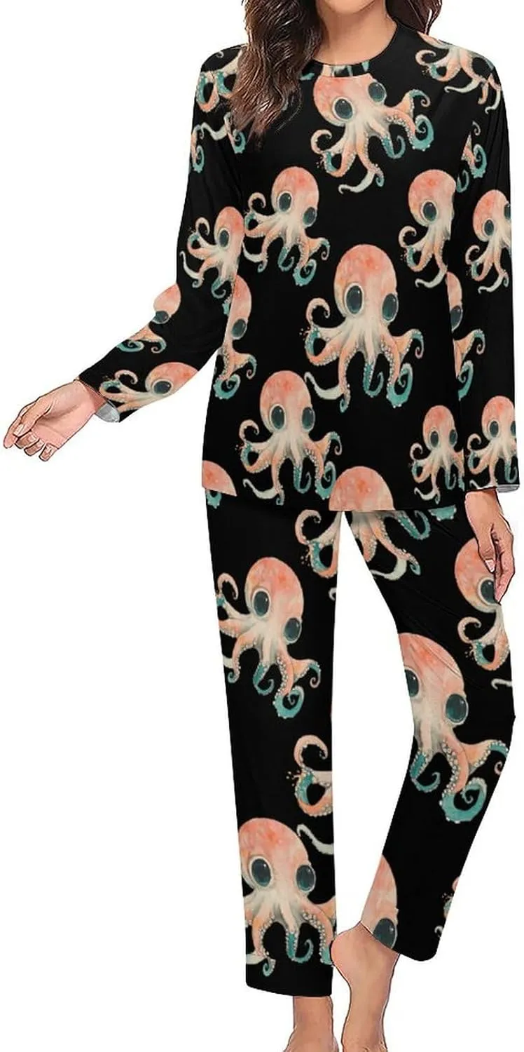 Vintage Octopuss Women's Pajama Set Long Sleeve T-shirts Top & Pant Comfort Sleepwear Loungewear