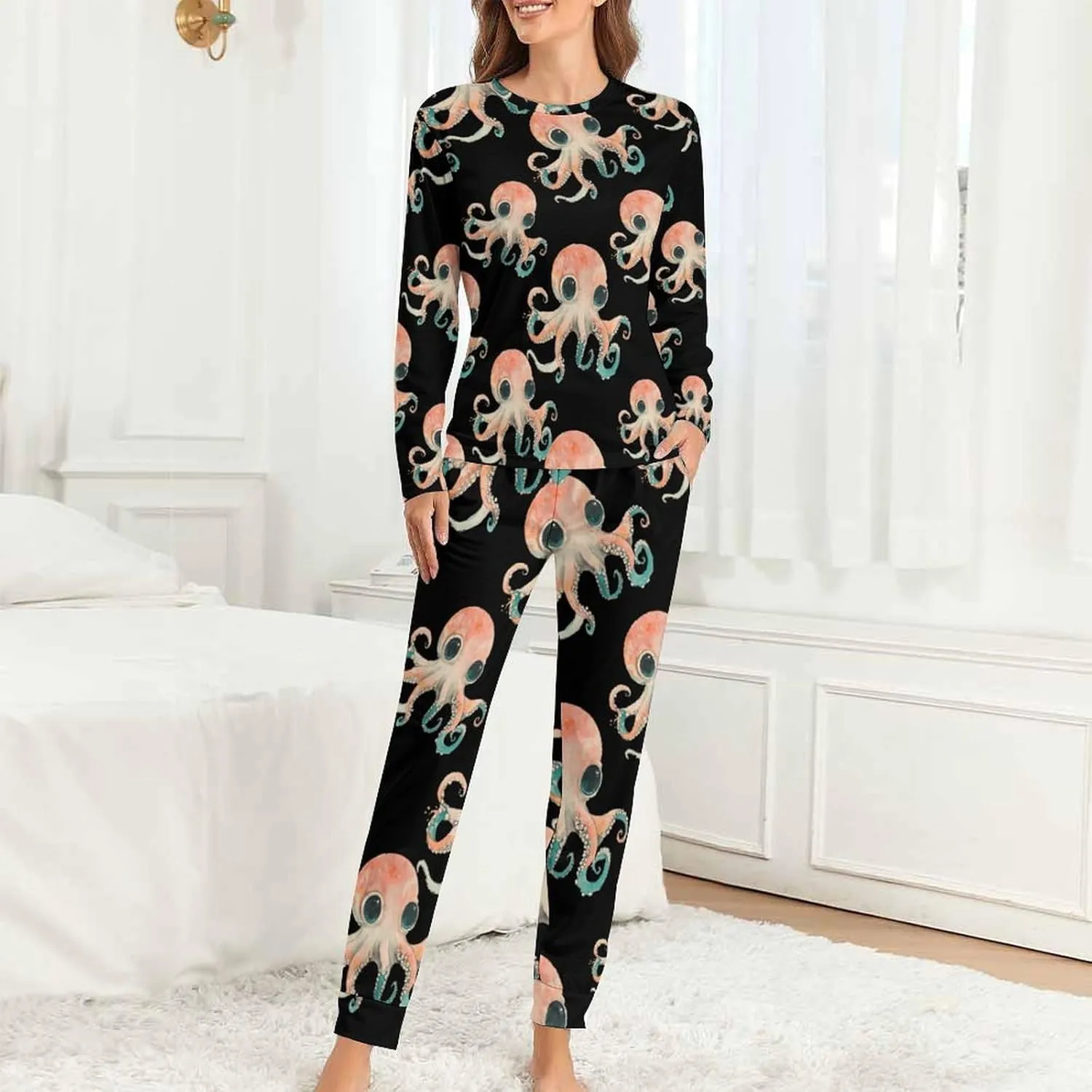 Vintage Octopuss Women's Pajama Set Long Sleeve T-shirts Top & Pant Comfort Sleepwear Loungewear