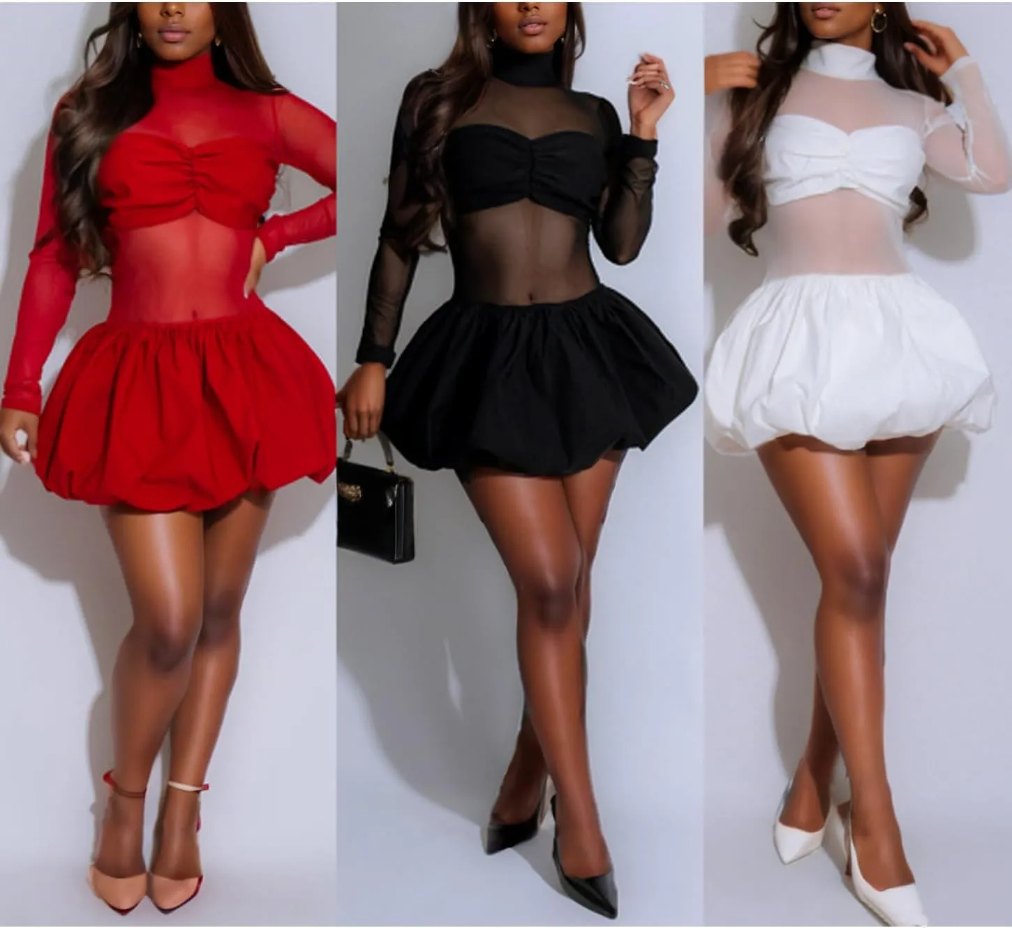 Voghtic Women's Sexy Sheer Mesh Bubble Mini Dress Mock Neck Puffy Short Party Dresses Clubwear